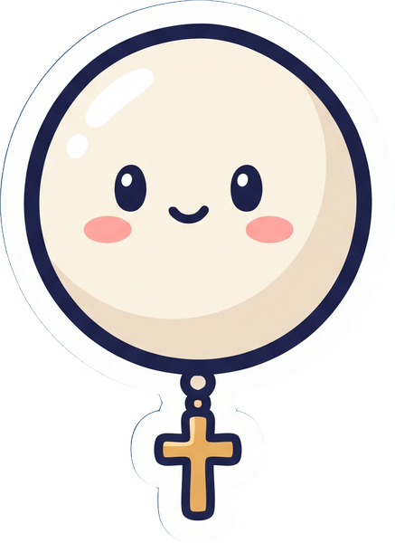 Salve mascot — a smiling rosary bead with a golden cross charm